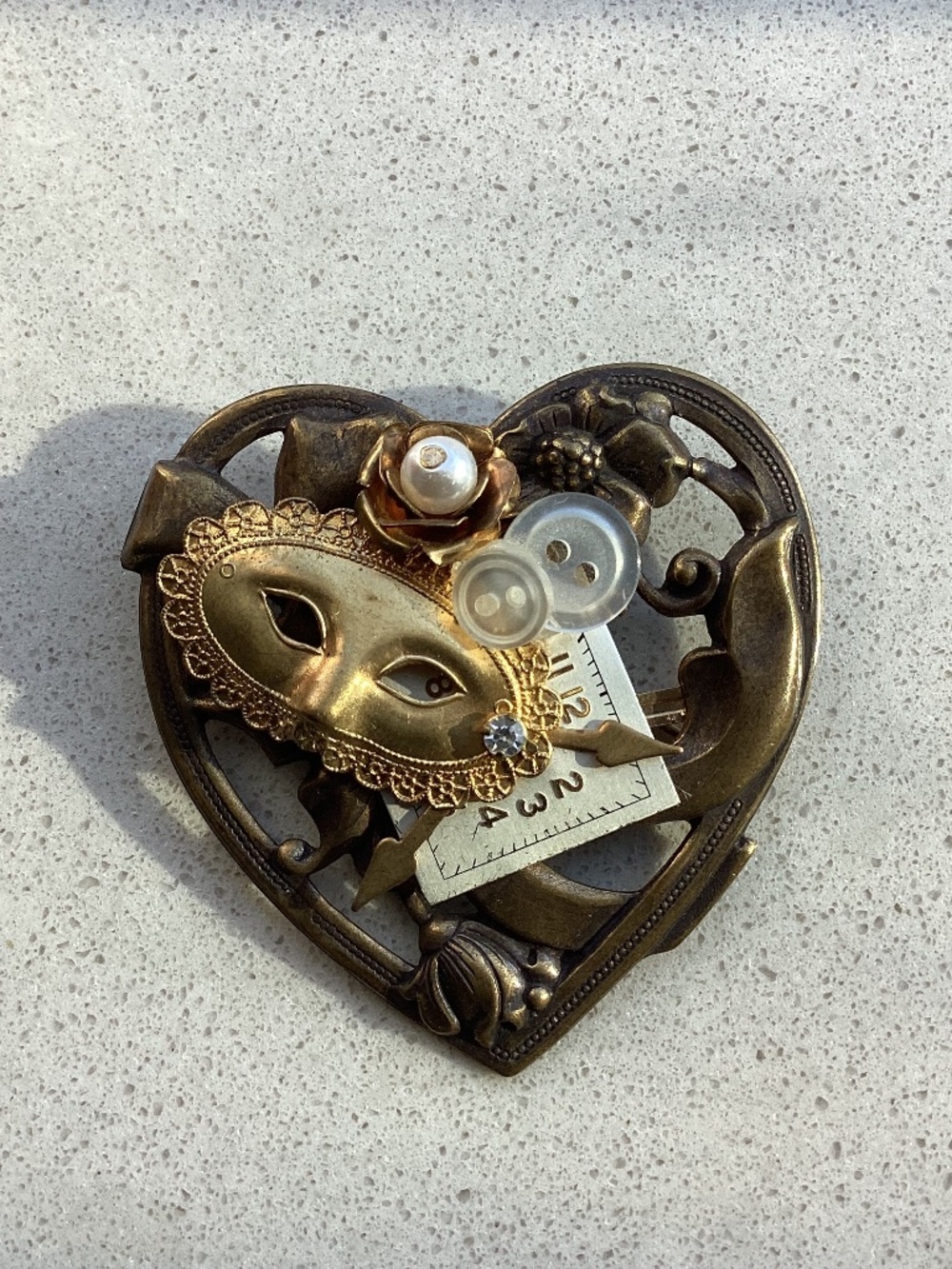 Vintage Express Heart Mask Pin Brooch 2.5 x 2.25"